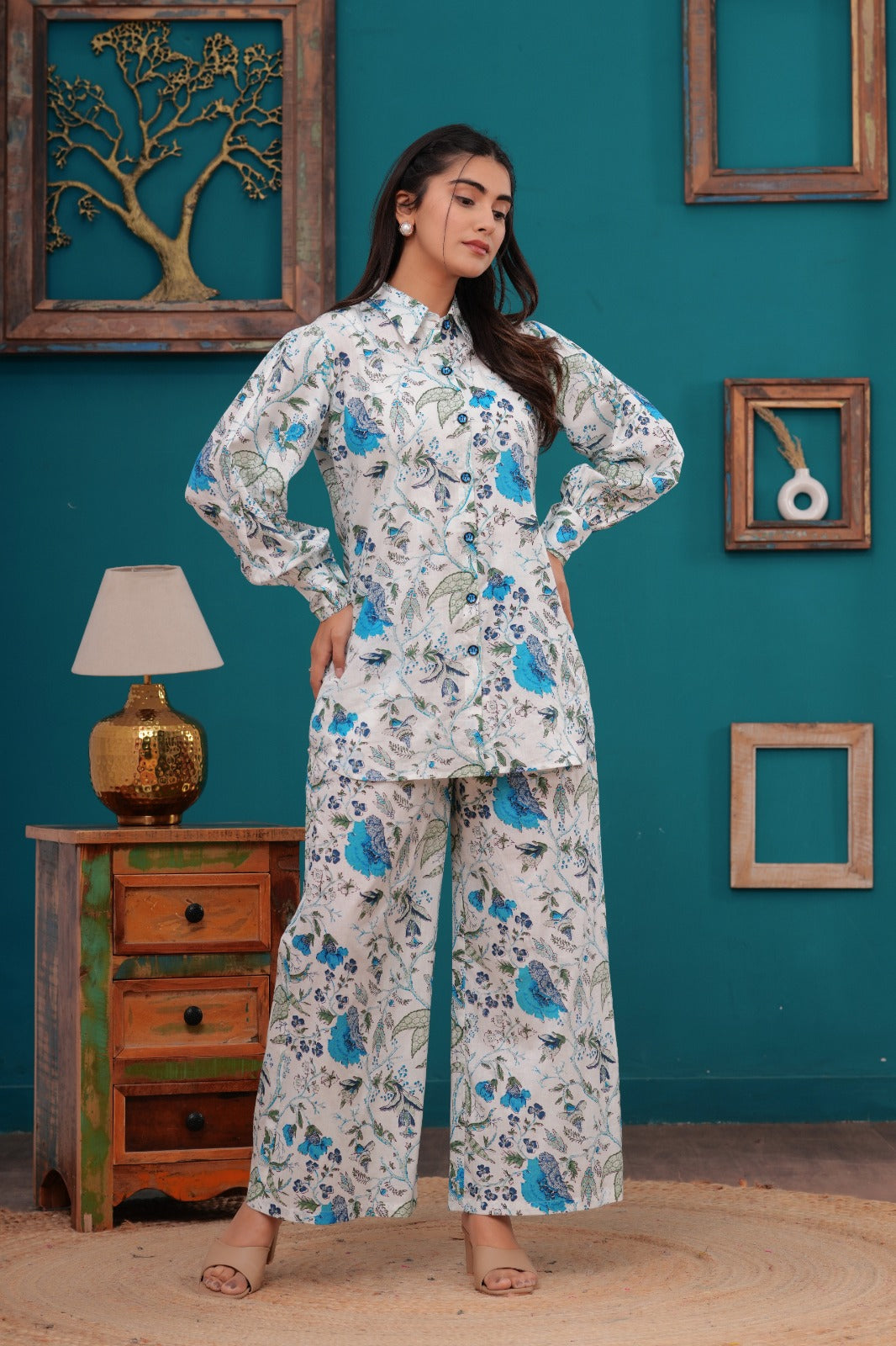 Cotton Co-ord Collar & button full set in white and blue color