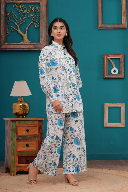 Cotton Co-ord Collar & button full set in white and blue color