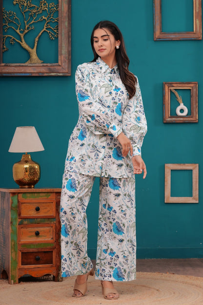 Cotton Co-ord Collar & button full set in white and blue color