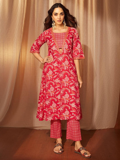 Cotton Beautiful Red Flower printed Kurti and pant set for women and girls