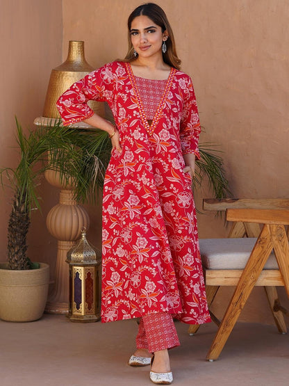 Cotton Beautiful Red Flower printed Kurti and pant set for women and girls