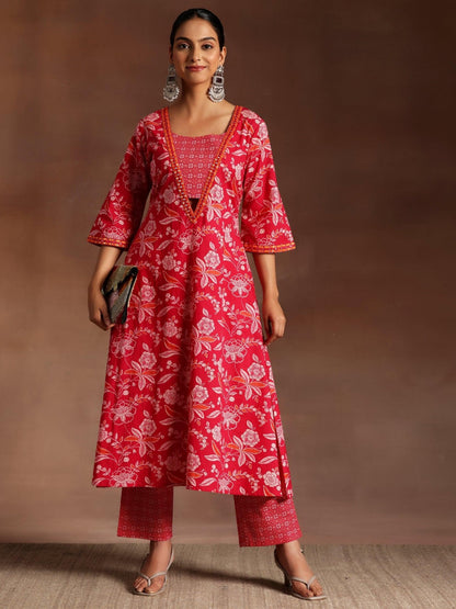 Cotton Beautiful Red Flower printed Kurti and pant set for women and girls