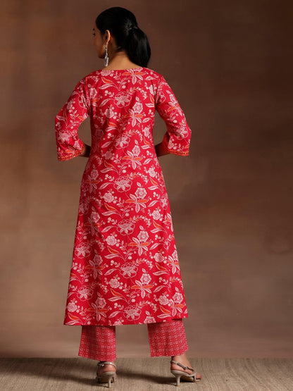 Cotton Beautiful Red Flower printed Kurti and pant set for women and girls