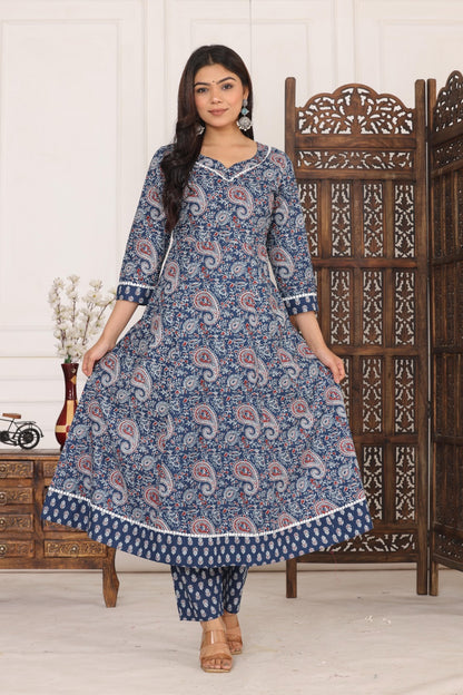 Cotton Beautiful Blue Flower printed Kurti and pant set for women and girls