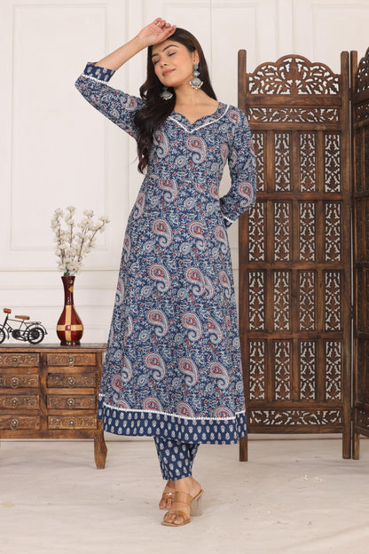 Cotton Beautiful Blue Flower printed Kurti and pant set for women and girls