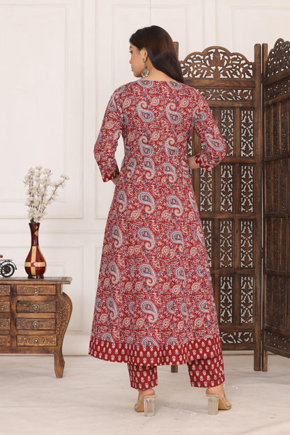 Cotton Beautiful Maroon Flower printed Kurti and pant set for women and girls