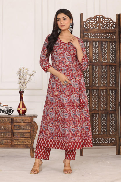 Cotton Beautiful Maroon Flower printed Kurti and pant set for women and girls