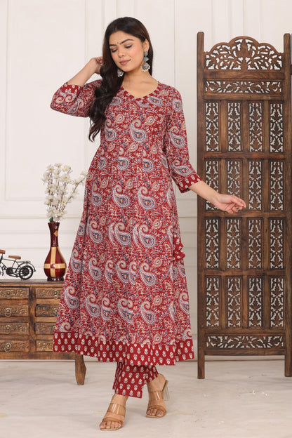 Cotton Beautiful Maroon Flower printed Kurti and pant set for women and girls