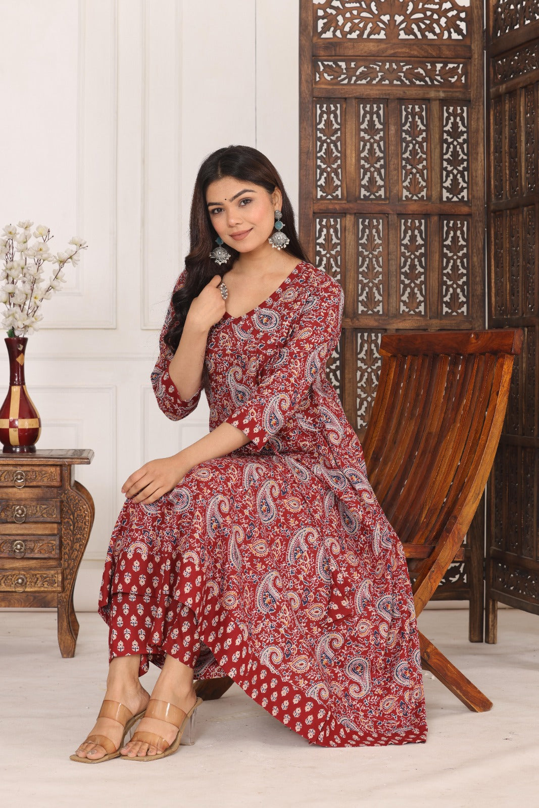 Cotton Beautiful Maroon Flower printed Kurti and pant set for women and girls