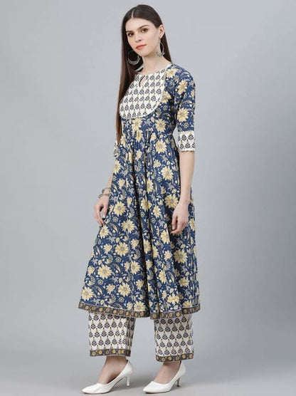 Women's Cotton Floral Blue & Yellow Printed Kurta & Pant Set