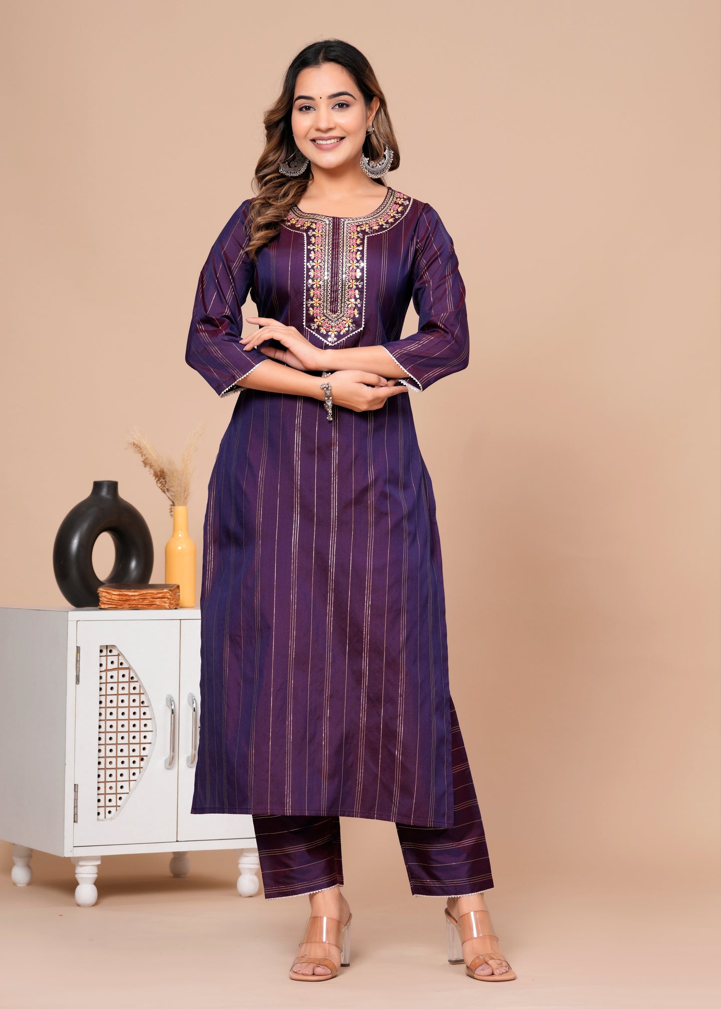 Embroidered Women Art Silk Kurta Pant Set Wine Colour