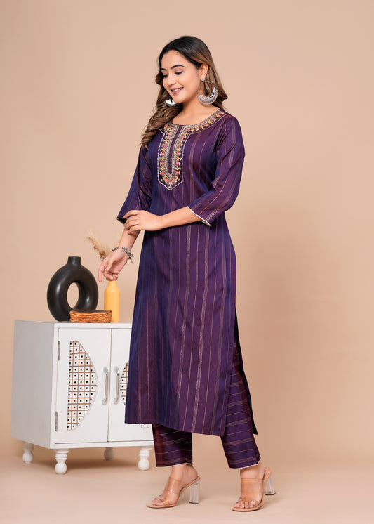 Embroidered Women Art Silk Kurta Pant Set Wine Colour