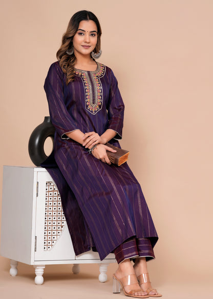 Embroidered Women Art Silk Kurta Pant Set Wine Colour