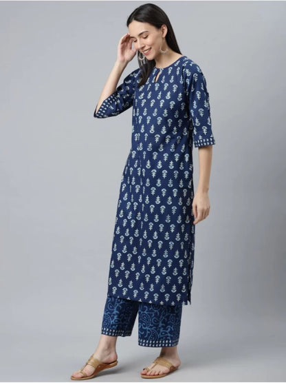 Women's Cotton Floral Blue printed kurta & Pant Set