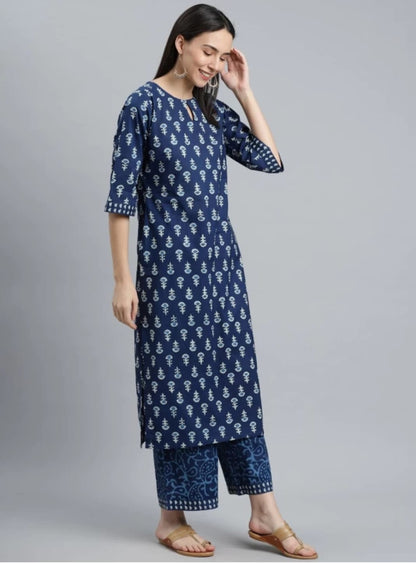 Women's Cotton Floral Blue printed kurta & Pant Set