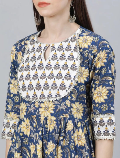 Women's Cotton Floral Blue & Yellow Printed Kurta & Pant Set