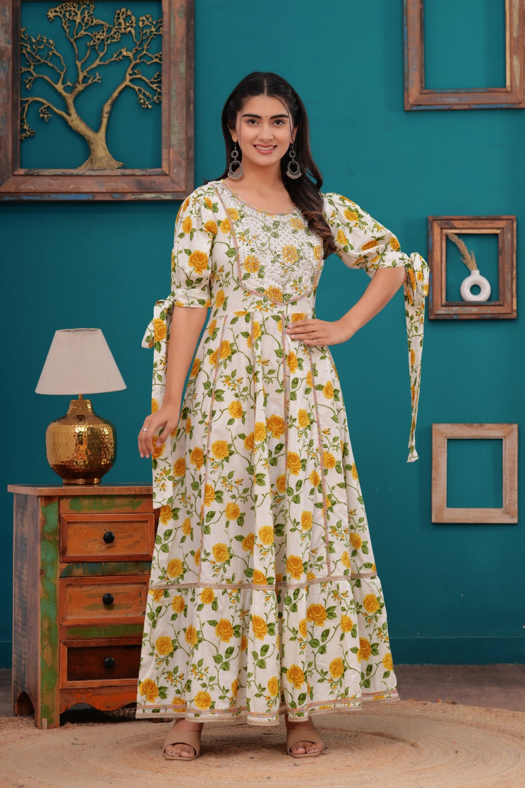 Cotton Flower  Printed Embroidered Gown In Yoke Design.