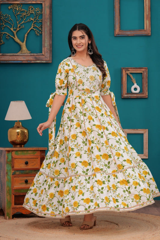 Cotton Flower  Printed Embroidered Gown In Yoke Design.