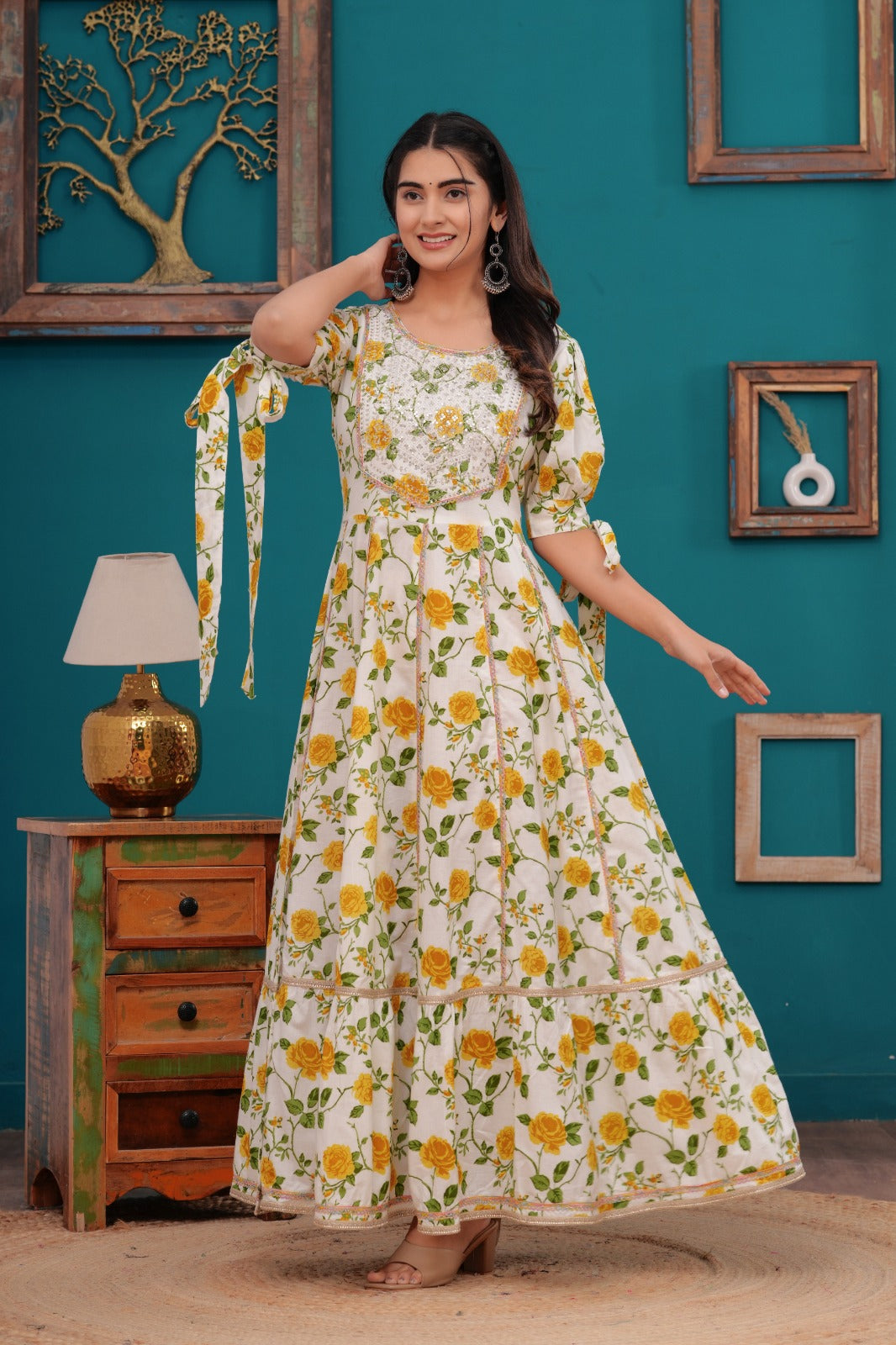 Cotton Flower  Printed Embroidered Gown In Yoke Design.