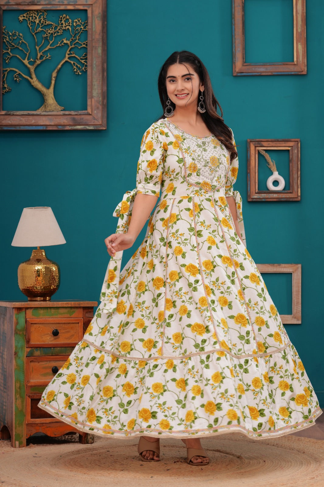 Cotton Flower  Printed Embroidered Gown In Yoke Design.