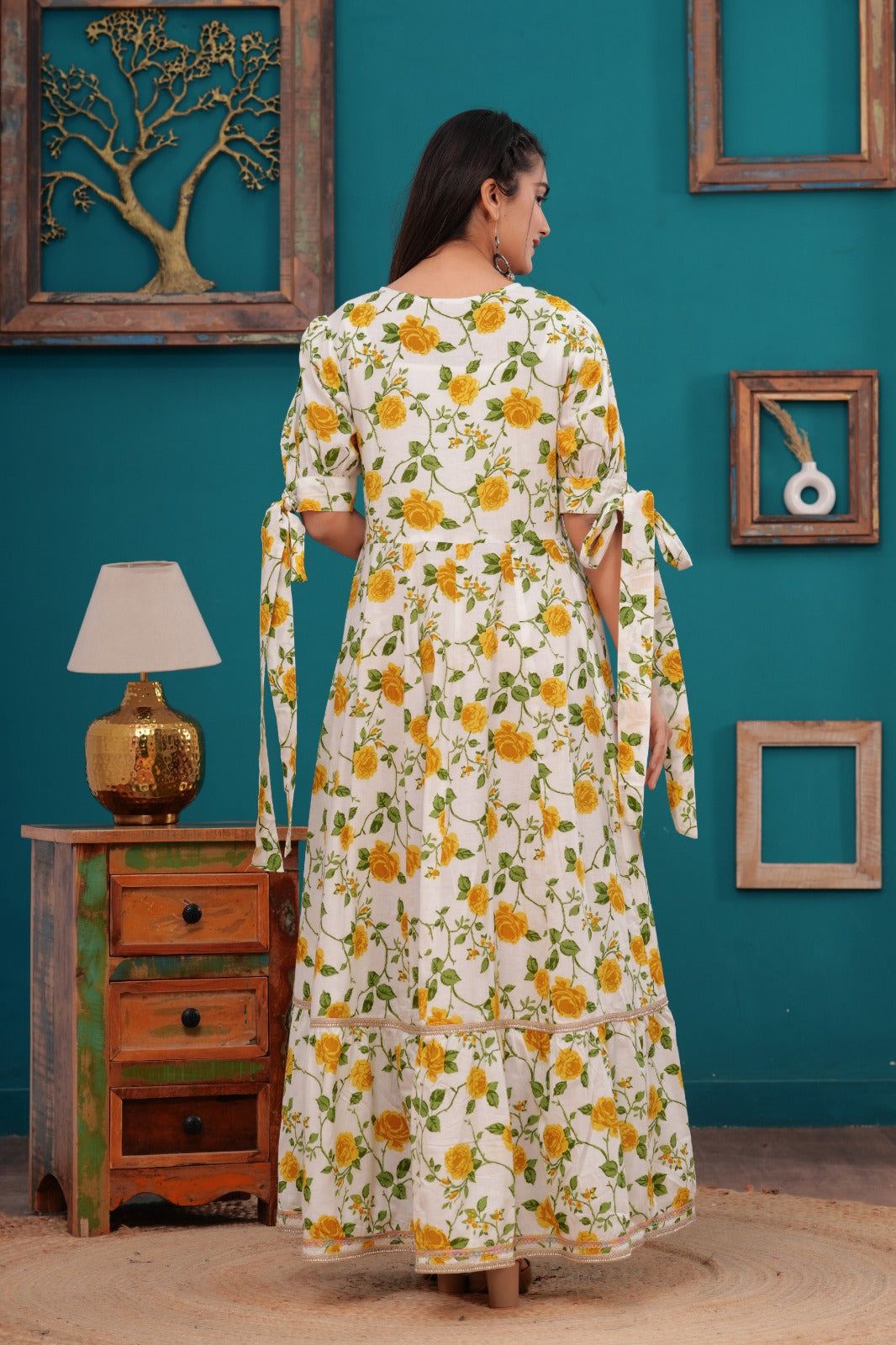 Cotton Flower  Printed Embroidered Gown In Yoke Design.