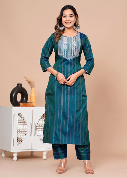 Ethnic Wear Wome Art Silk Kurta Pant Set Green