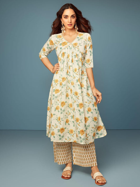 Women's Cotton Floral Green printed kurta & Pant Set