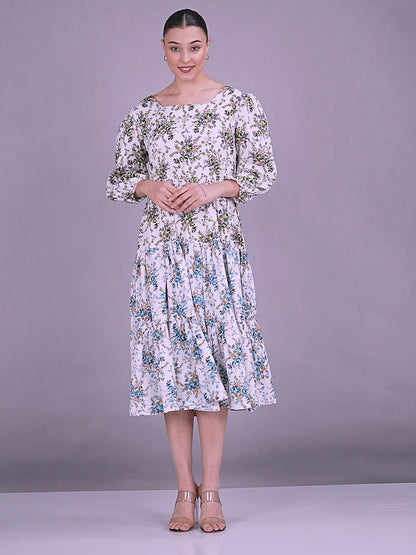 Rayon Flower Printed White Green gown